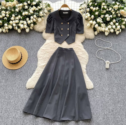 Double Breasted Half Sleeves Blazer Blouse With Skirts Sets